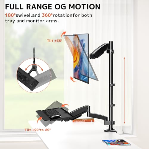 PUTORSEN Sit Stand Monitor Desk Mount with Keyboard Tray for 17-32” Screens | Height Adjustable Full-Motion Articulating Arm,19.8 lbs Monitor & 2.2lbs Tray Capacity, C-Clamp & Grommet Mount,Black - size: 32 Inch