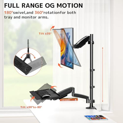 PUTORSEN Sit Stand Monitor Desk Mount with Keyboard Tray for 17-32” Screens | Height Adjustable Full-Motion Articulating Arm,19.8 lbs Monitor & 2.2lbs Tray Capacity, C-Clamp & Grommet Mount,Black - size: 32 Inch
