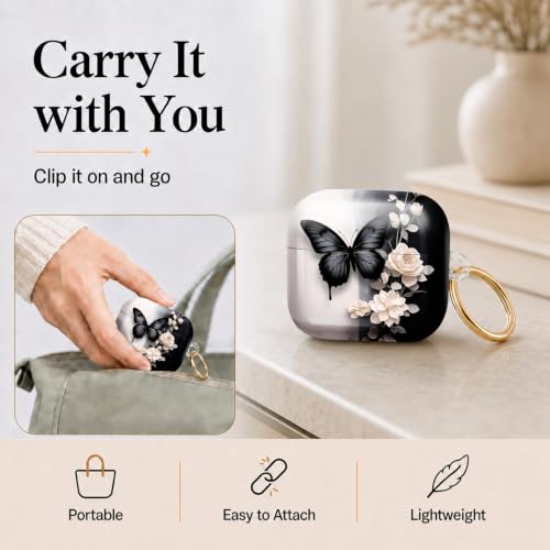 Compatible with AirPod 4 Case 2024, Cute Hard Plastic Protective Cover for Airpod 4th Generation Women, Shockproof Shell Skin with Gold Ring Keychain,Black Butterfly White Flowers Gray Leaf - color: Black Butterfly White Flowers Gray Leaf