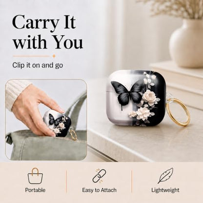 Compatible with AirPod 4 Case 2024, Cute Hard Plastic Protective Cover for Airpod 4th Generation Women, Shockproof Shell Skin with Gold Ring Keychain,Black Butterfly White Flowers Gray Leaf - color: Black Butterfly White Flowers Gray Leaf