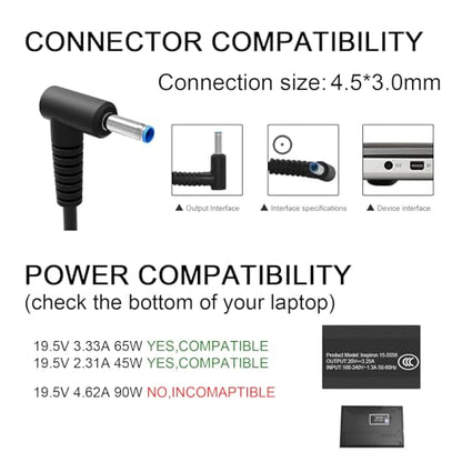 Charger Compatible with HP Laptop Computer 65W 45W Smart Blue Tip Power Adapter
