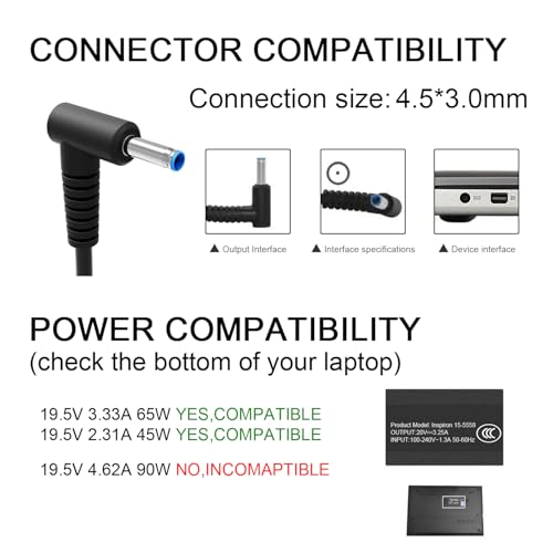 Charger Compatible with HP Laptop Computer 65W 45W Smart Blue Tip Power Adapter