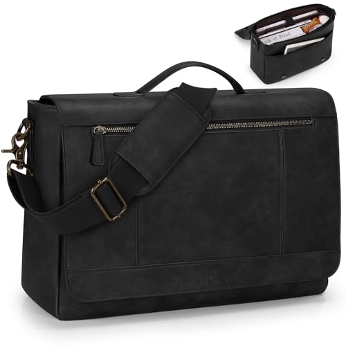 RAINSMORE Leather Messenger Bag for Men 15.6 Inch Laptop Bag Vintage Briefcase Large Computer Bag Satchel Shoulder Bag For College,Work,Business,Office,Black - color: Black