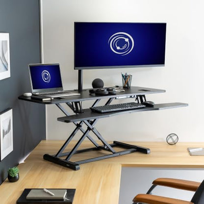 VIVO 48" Extra Large Corner Desk Riser, Pneumatic Sit-Stand Desk Converter, Dual Monitor Keyboard Tray, Grommet, Cable Management, Anti-Slip, Black, DESK-V048KL - size: 48"