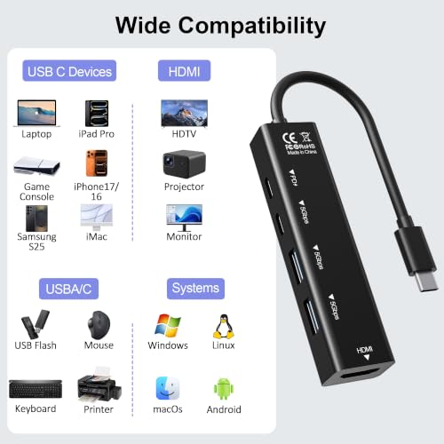 USB C Hub, 5 in 1 USBC to HDMI Adapter with 4K@60Hz, 100W Power Delivery, USB-C 5Gbps, 2 × USB-A 3.0 5Gbps, USBC Splitter Docking Station for MacBook, iPad Pro, iPhone 17/16, Windows