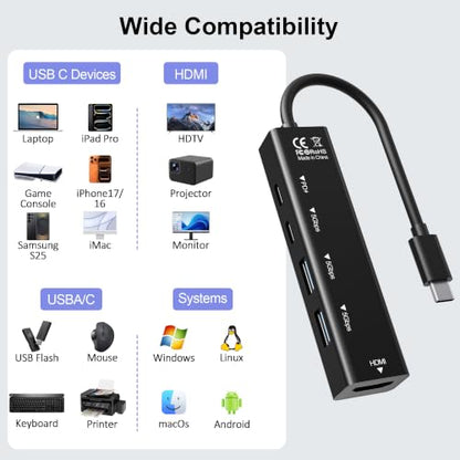 USB C Hub, 5 in 1 USBC to HDMI Adapter with 4K@60Hz, 100W Power Delivery, USB-C 5Gbps, 2 × USB-A 3.0 5Gbps, USBC Splitter Docking Station for MacBook, iPad Pro, iPhone 17/16, Windows