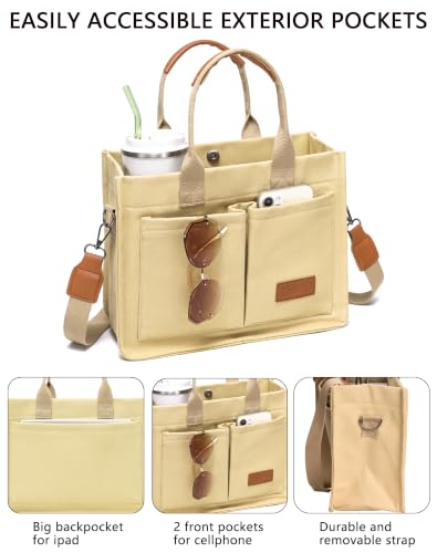 Canvas Tote Bag for Women,Women's Bags Crossbody Bags Work Laptop Tote Bag Large Handbags Purse for Travel Nurse Teacher - color: Canvs Cute Khaki With Compartments
