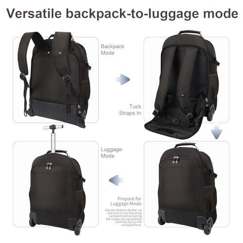 Backpack with wheels,rolling backpack with 2 Packing Cubes and compression bags,Laptop Compartment,Water Resistant Luggage suitcase,Air Travel,Weekend Trips (Brown) - color: Brown