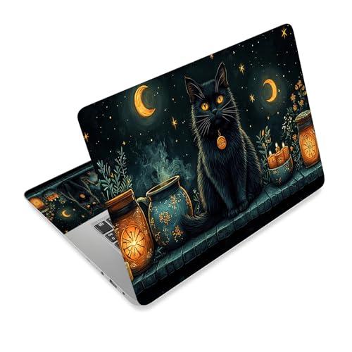 Universal Laptop Skin Sticker Decal,15.6 Inch Laptop Vinyl Cover for 13" 14" 15.6" Laptop,Scratch-Resistant Waterproof Protector Wrap,Reusable with Wrist Pads,Witchy Black Cat Crescent Moon - color: Witchy Black Cat Crescent Moon