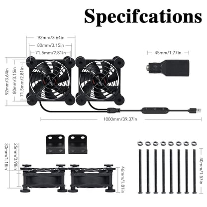 Dual 80mm Cooling Fan - 10-Speed USB 5V/DC 12V Power, IPX5 Waterproof for Tablet, TV, Router, Xbox, DVR, Computer Cabinet, Greenhouse & Kennel Component Cooling