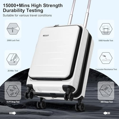 CENSIEN Expandable 20" Carry On Luggage Airline Approved with Front Pocket | Front Opening with Laptop Pocket,Lightweight ABS+PC Hard Shell Suitcases,360° Spinner Wheels,TSA Lock,YKK Zipper,White - color: White, size: 20 Inch EXT