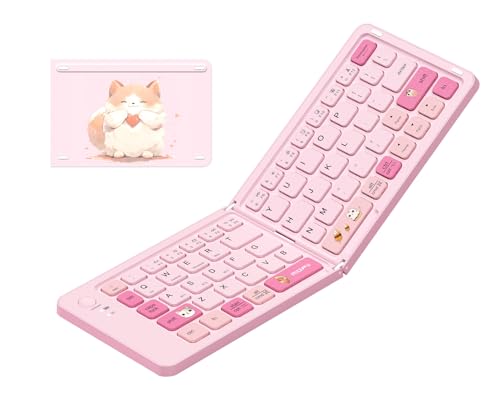 Foldable Bluetooth Keyboard for iPad Phone,Portable Travel Size,Pink | Rechargeable,67 Cute Quiet Keys,Cat Theme,Compact Mini Wireless Keyboard,for iPhone Tablet Android Mac Windows PC Laptop - color: Pink Foldable Keyboard
