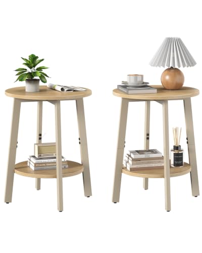 sthmec Side Table Set of 2, Small Round End Table with Storage Shelf for Small Space, 2-Tier Bedside Table Sofa Couch Table, Nighstands Set of 2 Accent Table for Living Room, Bedroom, Natural - color: Natural
