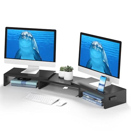BONTEC Dual Monitor Stand Riser with Smartphone Holder, Adjustable Length & Swivel Angle, Ergonomic Wooden Desktop Organizer for PC Monitor, Laptop, Printer, Large Storage, 42.5 in, Black - color: Black, size: 42.5 in