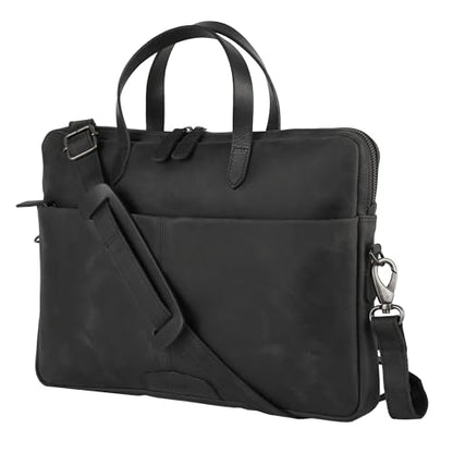 KomalC Leather Laptop Sleeve 15.5" with Trolley Strap, Fits up to 16" Laptop, Slim Office Bag with Shoulder Strap - color: Black