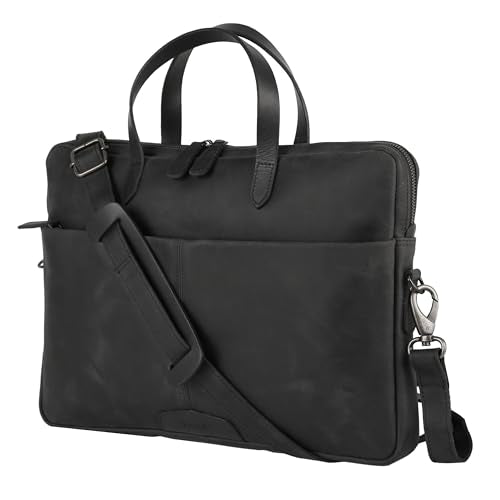 KomalC Leather Laptop Sleeve 15.5" with Trolley Strap, Fits up to 16" Laptop, Slim Office Bag with Shoulder Strap - color: Black