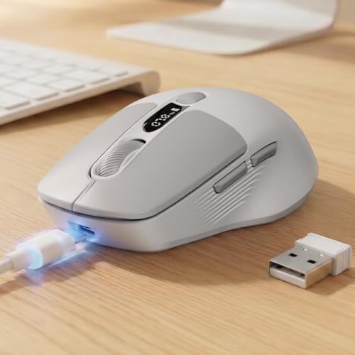 EWEADN Q1 Wireless Bluetooth Mouse, BT & 2.4G Computer Mouse with Battery & DPI LED Screen Display, Type-C Rechargeable with 1600 DPI Levels, 6 Button Silent Ergonomic Mouse for Laptop/PC/Mac-Grey - color: Grey