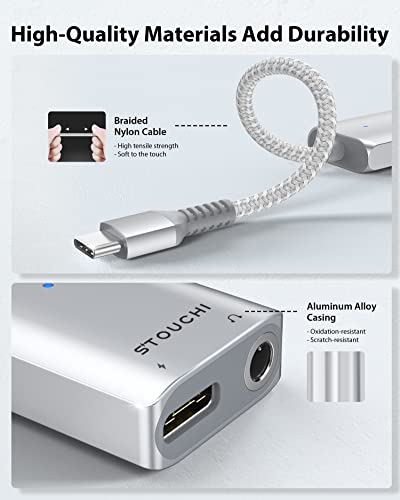 Stouchi USB C to 3.5mm Headphone and Charger Adapter, 2 in 1 USB-C to Aux Audio Jack with 30W Safe Fast Charging Hi-res DAC for iPhone 17/16 /15, Pixel 9/8 /7/6, iPad,Galaxy S25 S24 S23 Ultra (Silver) - color: Silver
