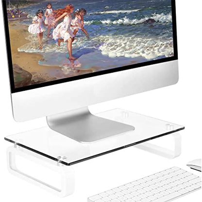 Hemudu Clear Computer Monitor Stand Riser Multi Media Desktop Stand for Flat Screen LCD LED TV, Laptop/Notebook, with Tempered Glass and Metal Legs, HD02T-001 - color: Clear