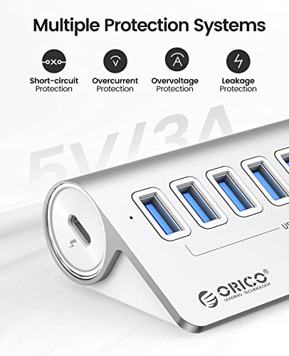 ORICO 7-Port USB 3.2 Gen2 Hub, Desktop USB 3.2 Hub with 7 USB-A Ports, 5V 3A Power Supply Port, 10Gbps Aluminium USB-Splitter with 3.28Ft USB-C to USB-C Cable for iMac, MacBooks, Mac mini - size: 100cm, style: M3U7