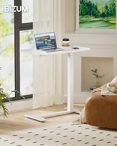 BIZUM Adjustable Bedside Table with Swivel Hidden Wheels Pneumatic Rolling Desk Mobile Standing Desk with Cup Holder for Hospital Home(27.6"x15.8" White) - color: White, size: 27.6"x15.8"