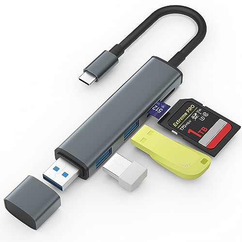 TIANSONG USB 3.0 SD Card Reader with Dual USB Ports, USB C SD Card Reader for iPhone 15/iPad/Mac 4 Ports Read and Write Simultaneously Memory Card Adapter for MacBook Pro/Air iMac Android S23 S22 - color: Dark Grey