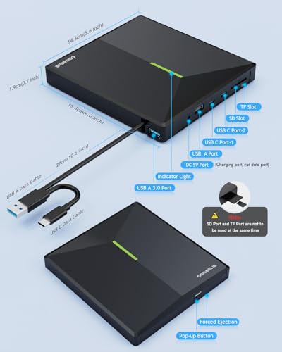 ORIGBELIE External CD DVD Drive with 4 USB Ports and 2 TF/SD Card Slots, USB 3.0 Portable CD/DVD Disk Drive Player Burner Reader Writer for Laptop Mac PC Windows 11/10/8/7 Linux OS with Carrying Case - size: 5.9" x 5.65" x 0.75"