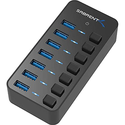 SABRENT 36W 7-Port Powered USB 3.0 Hub, Switches & LEDs (HB-BUP7) | Individual power switches + LEDs; includes 36W 12V/3A power adapter - size: 7-Port - 7 USB 3.0
