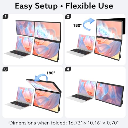 18.5'' Portable Triple Monitor, One Cable Connection Laptop Screen Extender, Quad Monitor Setup, Built-in Stand Compatible with Windows Mac Laptop(Driver Need)