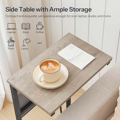 HOOBRO C Shaped End Table with Charging Station, 28" H Couch Side Table Slide Under, Sofa Arm Tray Table with Storage Bag for Living Room, Recliner, Greige BG70USF01 - color: Greige