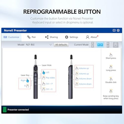 N21 Bluetooth Presentation Clicker for PowerPoint with Retractable Pointer | ①Green laser ②Telescopic touch pen ③Countdown timer, vibration alert ④Customizable Button ⑤Rechargeable;battery level display - color: Black - Green Pointer