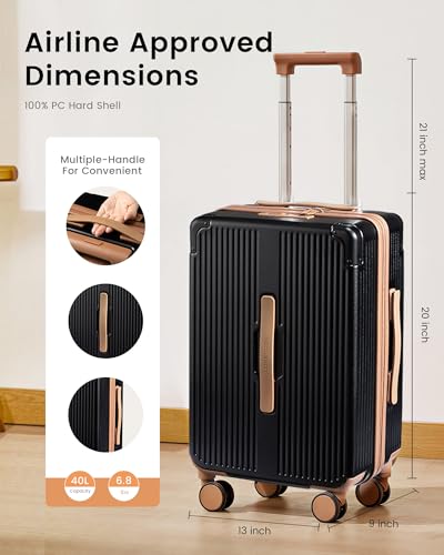LOVEVOOK Hardside Carry On Luggage 22x14x9 Airline Approved, Small Suitcase | 20 Inch Hard Shell with 3 Multiple Handles, Silent 360° Spinner Wheels With TSA Lock for Trip - color: Green&Brown