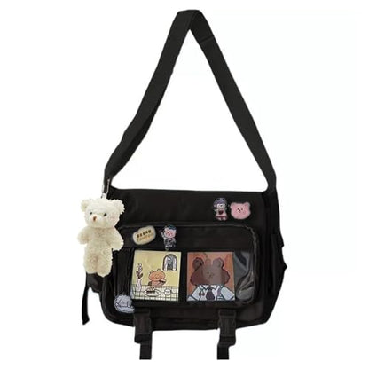 Kawaii Crossbody Ita Bag for Women with Pin & Plush Bear - Japanese Messenger Bags Y2K Shoulder Purse - color: A Black