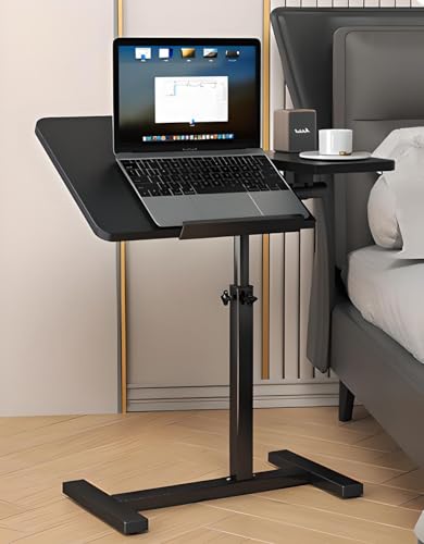 Simcat Height Adjustable Overbed Bedside Table with Wheels, Rolling Mobile Laptop Computer Standing Desk Cart with Tray Hospital/Home Use (Black Frame)