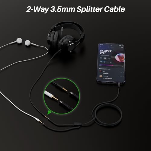 1/8inch Aux Headphone Splitter 2 Way Cable 1.5FT, 3.5mm 4-Pole Male to 2-Female Port Mic and Audio Stereo Y TRRS Adapter, Compatible with Headset Earphone PS4 Xbox PC Laptop MP3 players Phone Tablet - size: 1.5FT