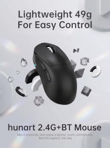 hunart H6 49g Wireless Mouse, Bluetooth & 2.4GHz, USB-C Charging, Black | Silent Clicks, Two Ways to Connect, Right-Hand Ergonomic Comfort, Portable for Laptop, MacBook, PC & Tablet - color: Black