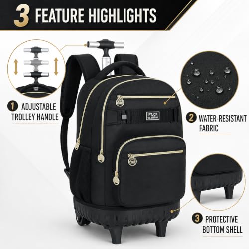 3Pcs Rolling Backpack for Boys Men, 19 Inche Adults Roller Backpacks with Wheels, School Wheeled Bookbag with Lunch Box(Black) - color: Classic Black