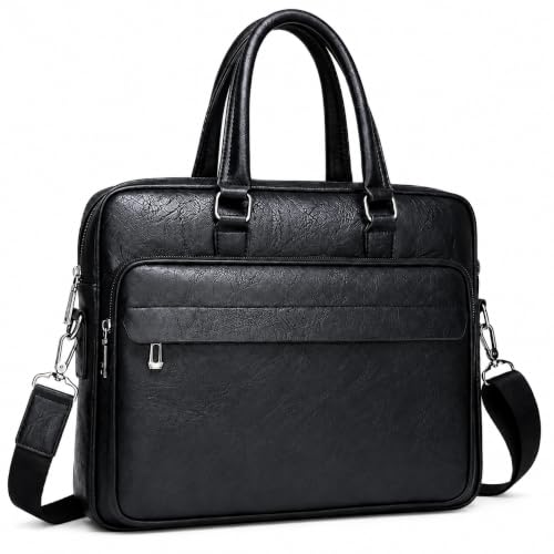Men's Leather Laptop Bag 15 IN, Water-Resistant Briefcase Messenger Bag for Work, Business, Shoulder Crossbody Office Satchel - color: Black