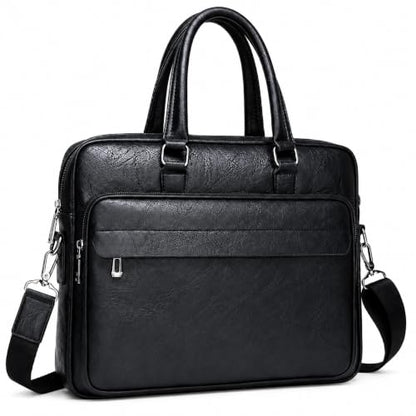 Men's Leather Laptop Bag 15 IN, Water-Resistant Briefcase Messenger Bag for Work, Business, Shoulder Crossbody Office Satchel - color: Black