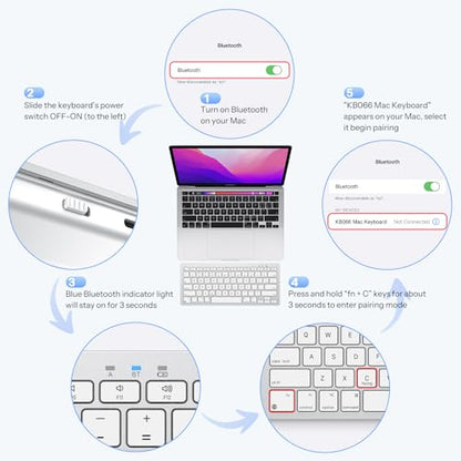 OMOTON Wireless Bluetooth Keyboard for Mac, USB-C Rechargeable, Compact | No Number Pad, Ergonomic Tilt, 14 macOS Hotkeys, For Backpack Travel Coffee Shop, for MacBook/iMac/Mac mini, Silverwhite