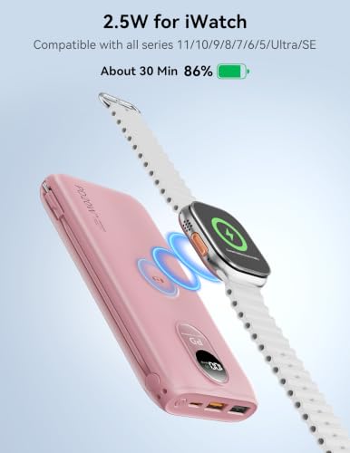 Portable Charger 10000mAh 20W, Wall Plug, 2 Cables, iWatch Charging | Digital Display, Compact Lightweight, USB C Fast Charge, USB-A 18W, Multi Protection, Travel Essential, for iPhone 17 16, Pad - color: Bloom Pink