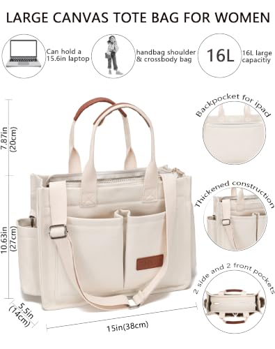 Canvas Tote Bag for Women,Women's Bags Crossbody Bags Work Laptop Tote Bag Large Handbags Purse for Travel Nurse Teacher - color: New Upgrade White With Compartments and Side Cup Holders
