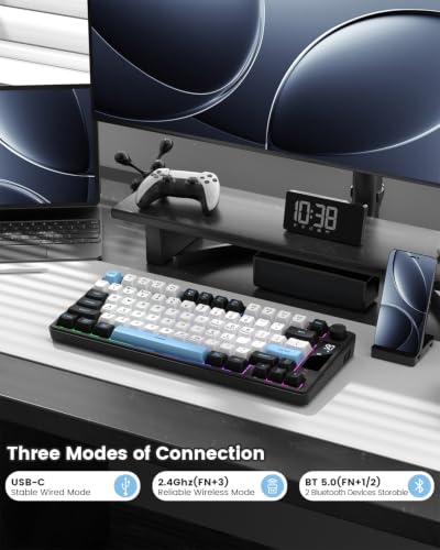 DK75 75% Wireless Gaming Keyboard, RGB Backlit Creamy Keyboard with Media Knob, OLED Screen, Tri-Mode 2.4GHz/USB-C/BT5.0, Anti-Ghosting No-Conflict Silent Membrane Keyboard for MAC Windows - color: Black&Blue