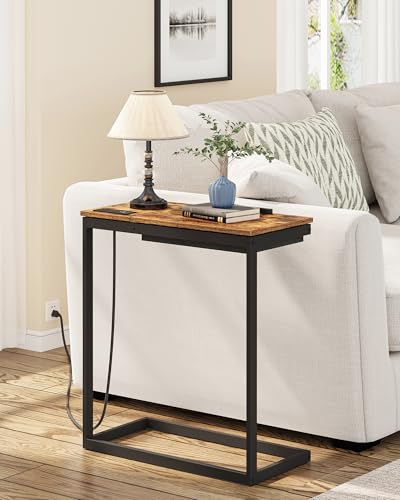 TUTOTAK Large C Shaped End Table, Side Table with Charging Station C Table | Tilting Laptop Stand with Storage, Computer Couch table for Living Room, Bedroom, Brown TB01BB090 - color: Brown, style: Plug