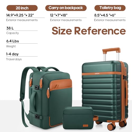UKEIN Luggage Sets 3 Piece, Carry On Luggage 20In With Spinner Wheels,PC Hardside Suitcase Set with TSA Lock,Durable Carry On Suitcase With Travel Backpack for Men (Green, 3 piece set (20inch)) - color: Green, size: 3 piece set (20inch)