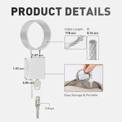 Cable Padlock Free Adjustable Lock 3 Keys, 6.56ft/2m Silver | Steel Cable 1/6"(4mm)Diameter, Lock & Secure, Weatherproof for Bikes, Lockers, Gate, Fence, Shed, Outdoor Equipment etc - color: Silver-6.56ft(2m)