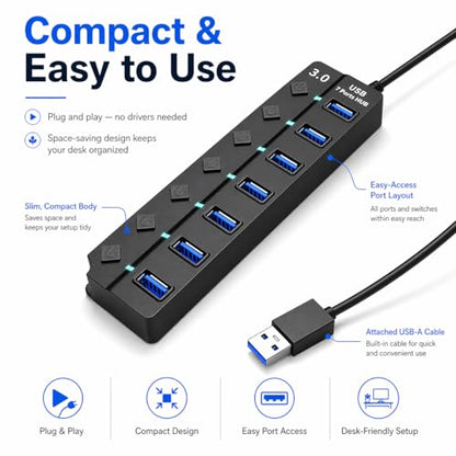 USB 3.0 Hub with 7*USB 3.0 Ports, 5Gbps High-Speed USB Extender with Individual Switch and LED Indicator Light, USB Hub for Laptop, PC, MacBook, Mac Pro, Mac mini, iMac, Surface Pro and More-1FT
