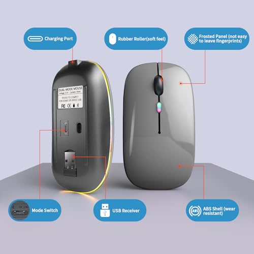 Wireless Bluetooth Mouse, Rechargeable, LED, Silent, Ultra-thin Design (Bluetooth 5.2 and 2.4GHz USB Receiver) | Portable Computer Mouse for Laptops, iPads, MacBooks and Apple Devices (Grey) - color: Grey