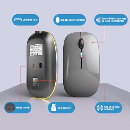 Wireless Bluetooth Mouse, Rechargeable, LED, Silent, Ultra-thin Design (Bluetooth 5.2 and 2.4GHz USB Receiver) | Portable Computer Mouse for Laptops, iPads, MacBooks and Apple Devices (Grey) - color: Grey