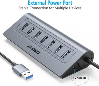 USB Hub 3.0, JESWO Aluminum 7 Port USB 3.0 Hub with 3.3Ft Cable, USB Splitter with 7-USB3.0 Data Ports Compatible with MacBook, Laptop,Surface Pro, PS5, PC and More (No Power Adapter Included) - color: Grey